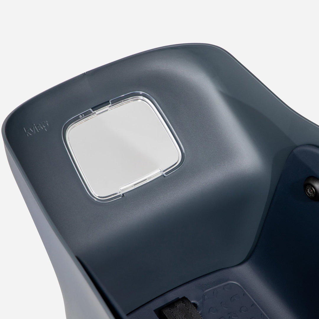 Detailed view of the pawboard on the Kvisp dog carrier in Midnight Gray which is transparent so you can see your ebike speedometer and dogs can see the ground while biking #color_midnight-gray